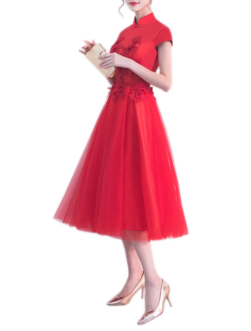 Elegant Red Wedding Dress with Stand Collar & High Neck - Vintage Button Front Evening Gown for Brides, Prom, Cocktail Parties & Formal Events