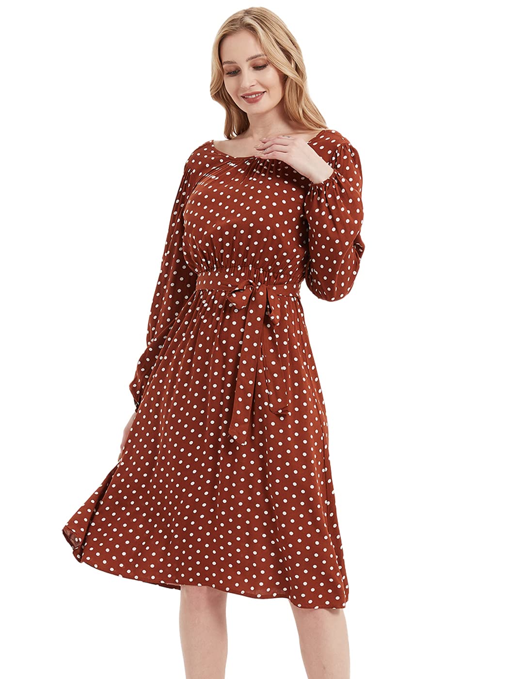 Anna-Kaci Women's Sexy Backless Polka Dot Dress - Long Sleeve Round Neck Tie Waist A-Line Party Dress for Date Night, Cocktail Events & Evening Occasions