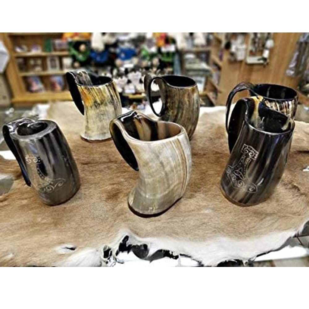 AnNafi® Authentic Viking Drinking Horn Set of 4 - Handcrafted Natural Horn Tankards for Beer, Wine & Mead - Game of Thrones Inspired Collection with Thor's Hammer Design - Perfect for Medieval Parties, Viking Themed Events & Home Decor