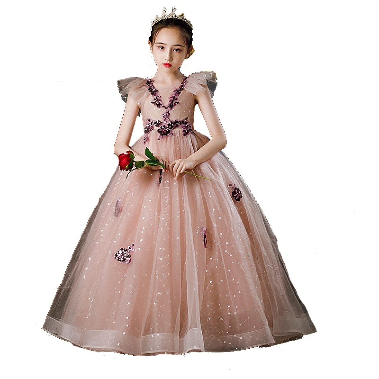 **Elegant Pink Lace Flower Girl Dress - Long Sleeveless Princess Gown for Birthday Party & Prom (150cm) | Perfect for Weddings, Pageants & Special Occasions**