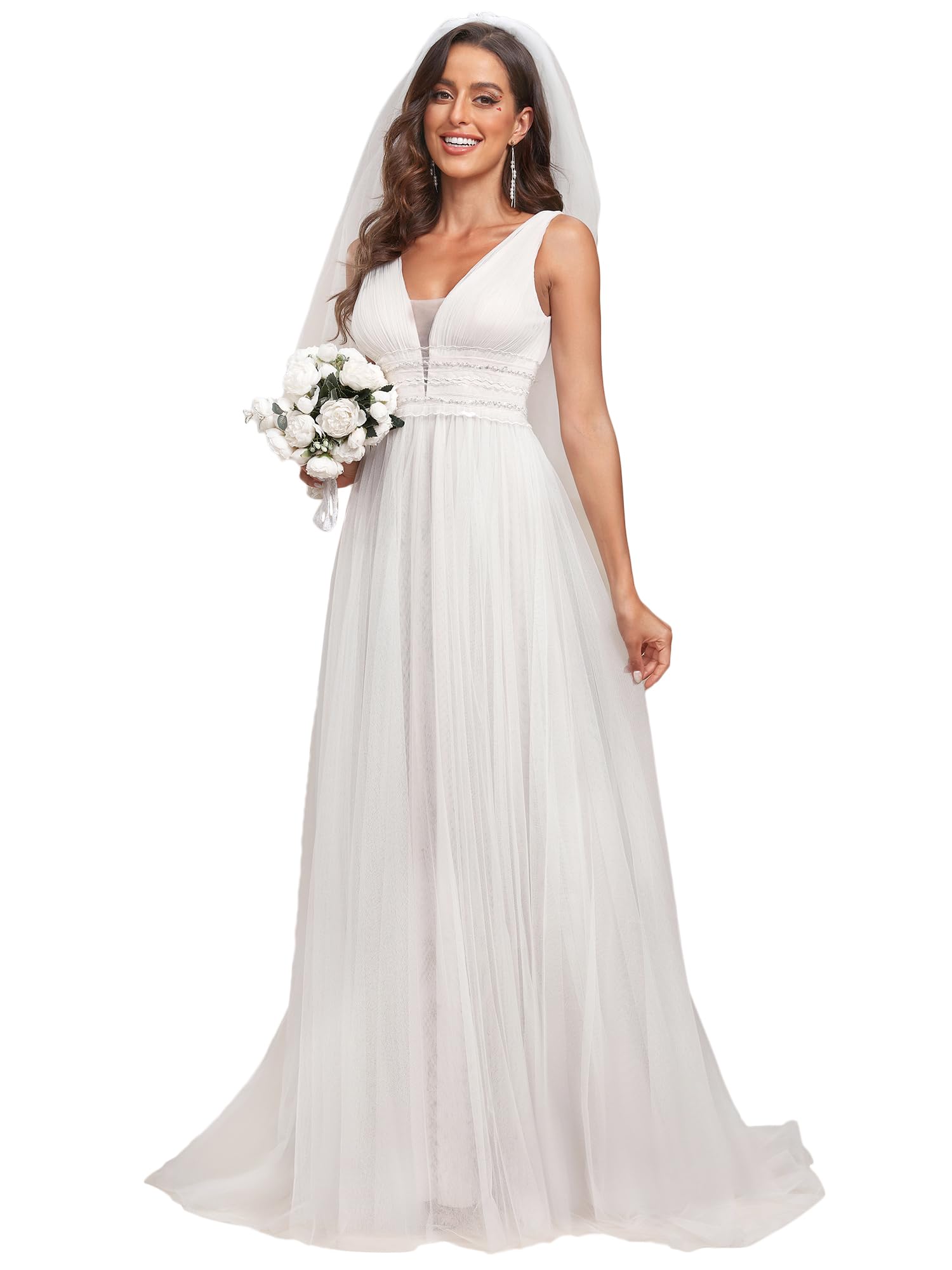 Ever-Pretty Elegant V-Neck Sleeveless Tulle Ruched A-Line Wedding Dress for Bride 0096A - Perfect for Beach Weddings, Garden Ceremonies & Casual Bridal Events