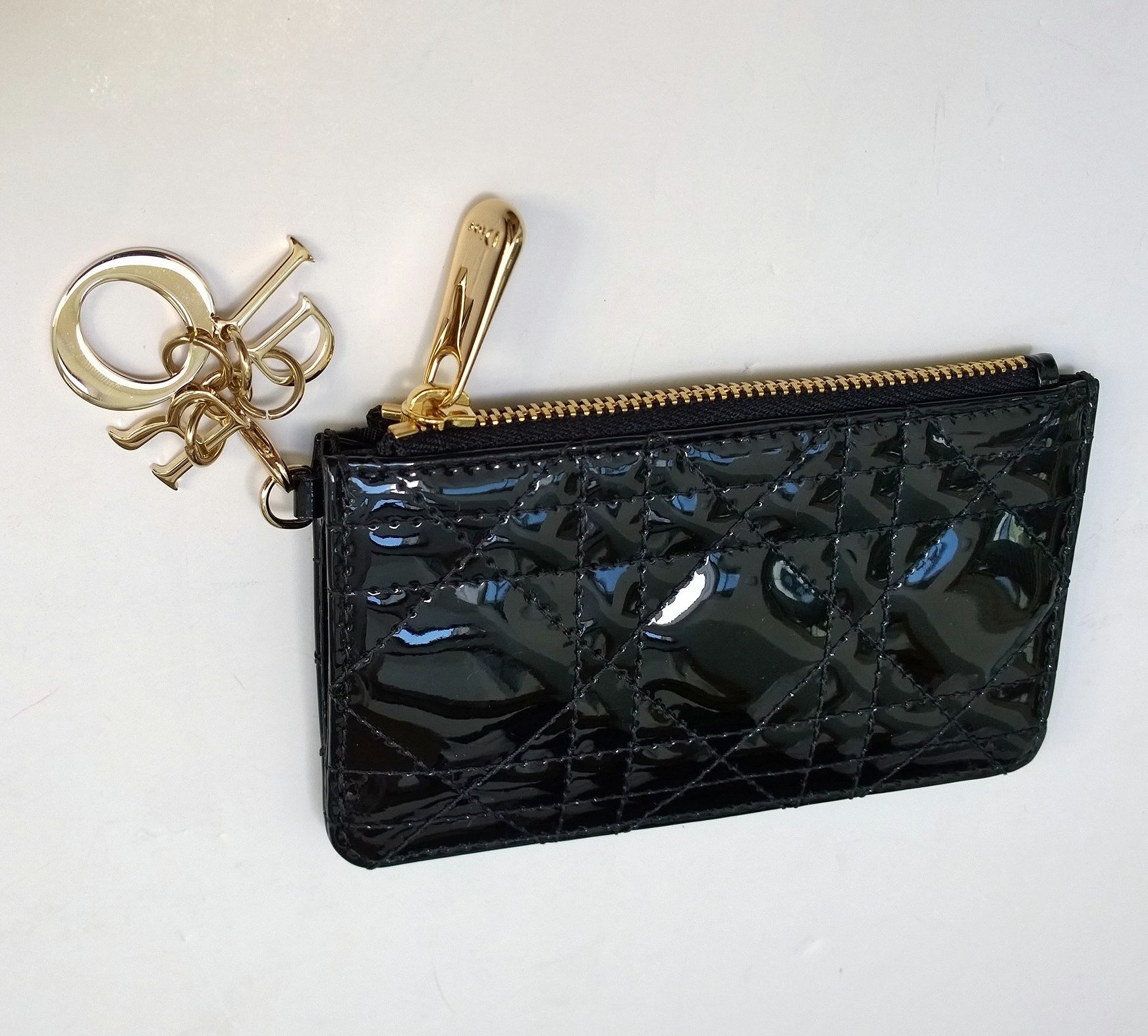 Dior Black Patent Leather Card Wallet with Lady Dior Letter Charm - New in Box | Perfect Gift for Women, Luxury Fashion Accessory for Parties & Special Occasions