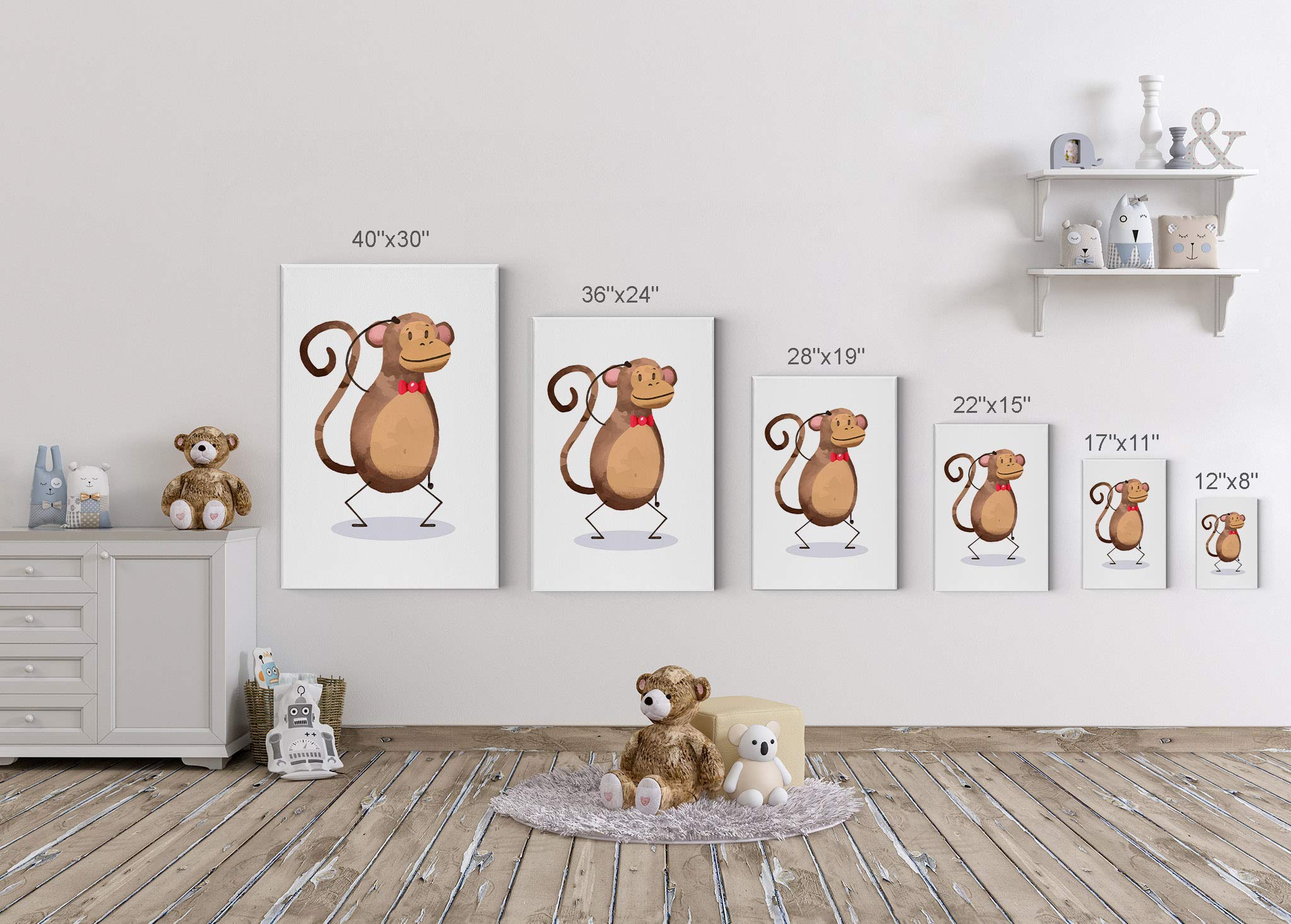 Handmade Monkey Painting Nursery Wall Art - 40x30 Inch Canvas Print for Baby Girl & Boy Room Decor - Framed & Ready to Hang - USA Made - Perfect for Kids Bedroom, Playroom & Baby Shower Gifts