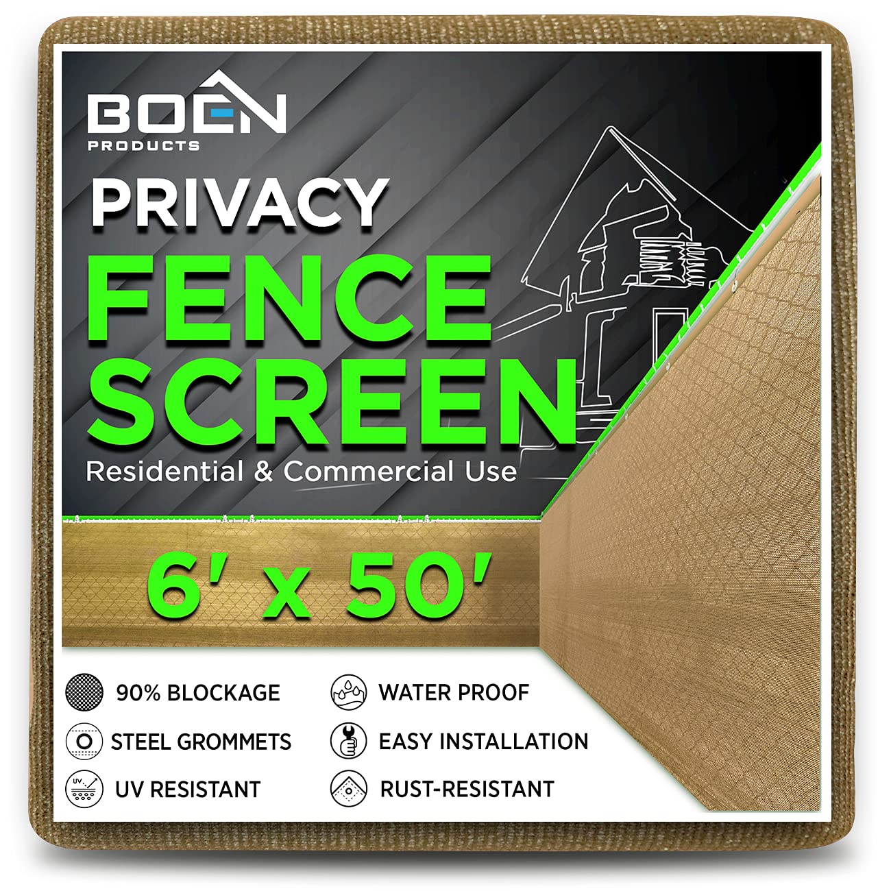 Boen 6' x 50' Beige Backyard Privacy Screen Fence Cover - Instant Outdoor Windproof Shade Solution for Metal, Chain Link, Wood & Plastic Fencing - Perfect for Patio, Deck, Poolside & Garden Privacy Protection