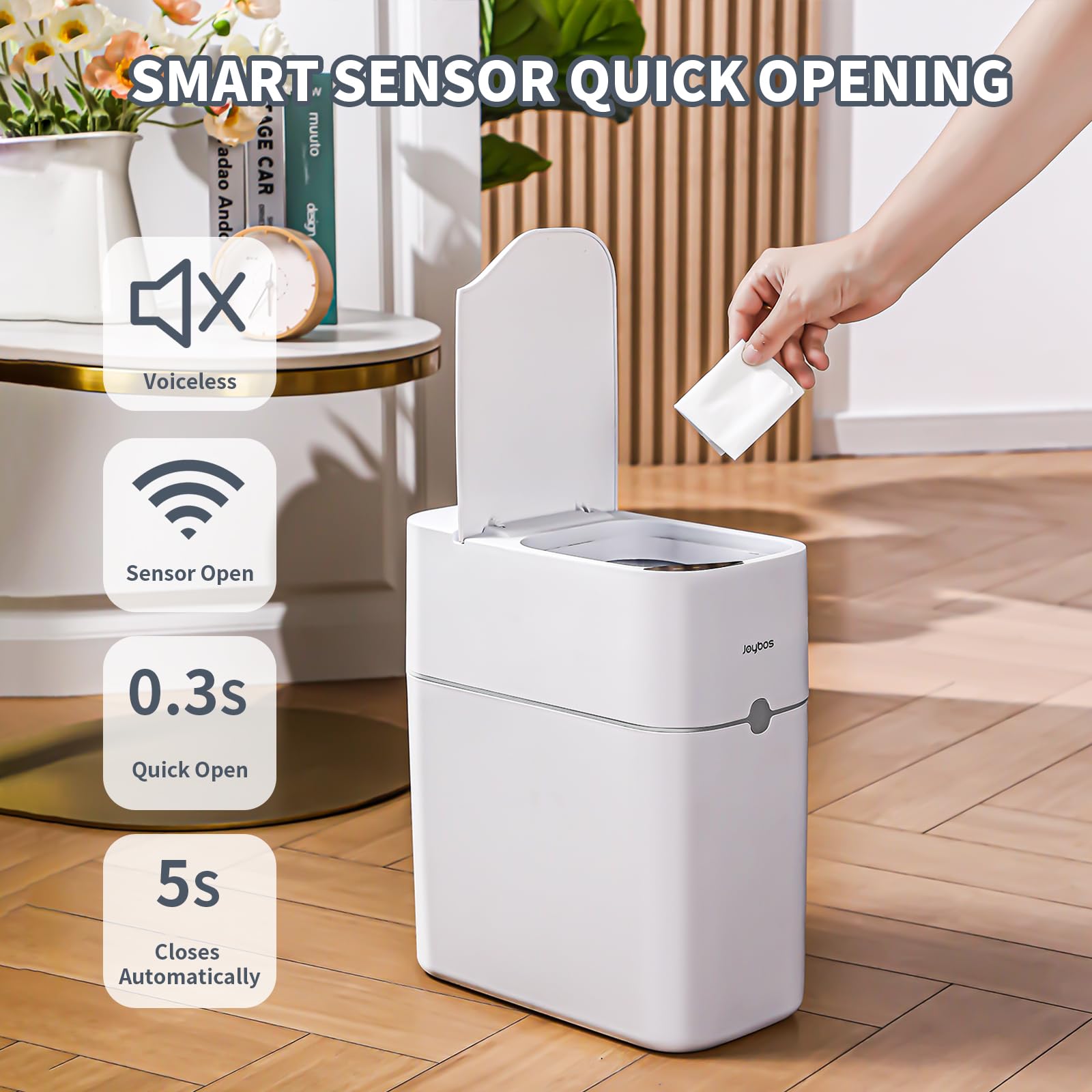 Automatic Motion Sensor Trash Can 3.5 Gallon - Slim Smart Bathroom Garbage Bin with Bagging System - White Small Plastic Waste Bin for Bedroom, Office, Kitchen - Hands-Free Touchless Disposal Solution