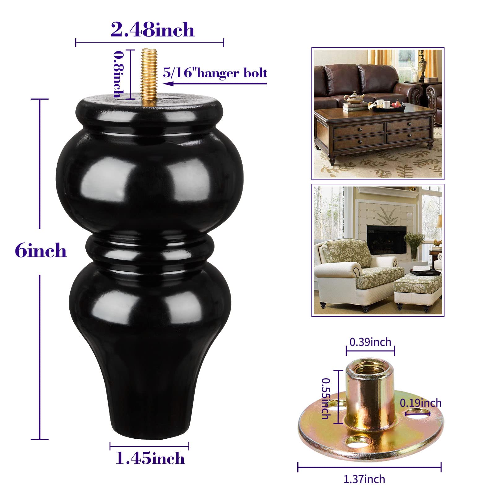 4 Pack Wooden Sofa Legs - Round Mid Century Modern Furniture Legs in Espresso & Black (6 Inch) - Replacement Couch, Dresser, Sideboard, Recliner & Chair Legs - Perfect for Living Room, Bedroom & Office Furniture Upgrade