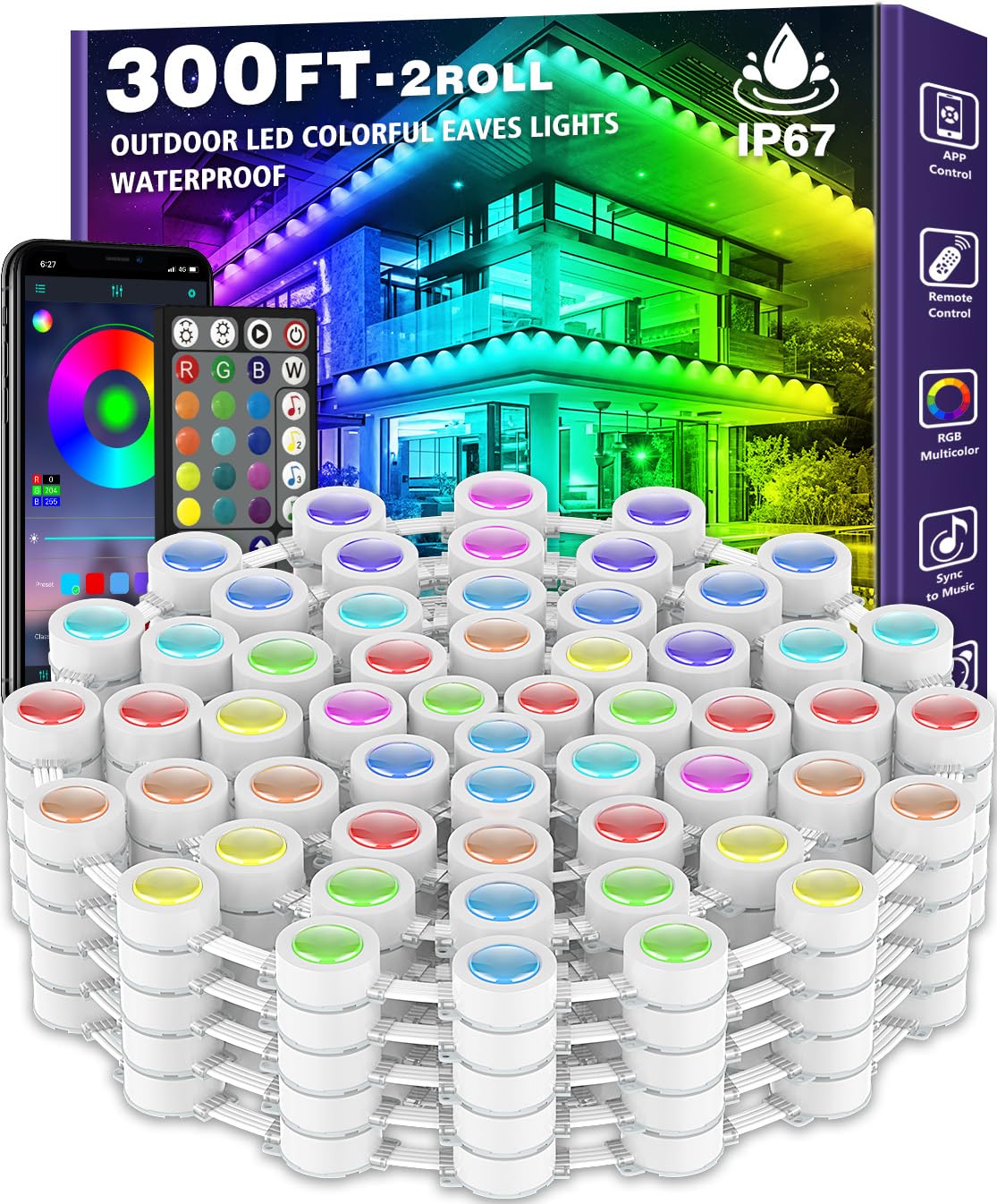 300FT Permanent Outdoor RGB LED Strip Lights - IP67 Waterproof Smart Lighting with App & Remote Control - Christmas Holiday Decor, House Roof & Garden Accent Lighting - Perfect for Parties, Weddings & Landscape Illumination