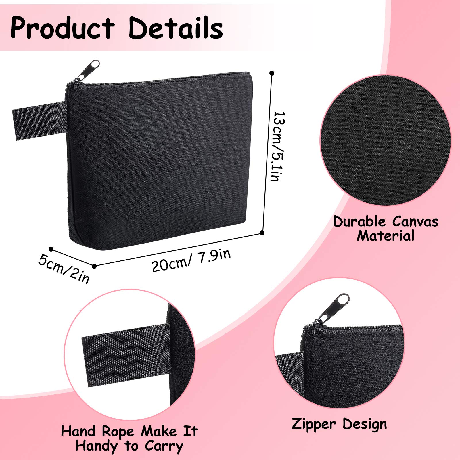 12-Piece Plain Canvas Makeup Bags with Zipper - DIY Travel Cosmetic Pouches for Women & Girls - Perfect for Toiletries, Stationery & Organizing - Black Makeup Storage Solution (Ideal for Travel, Home & Office Use)