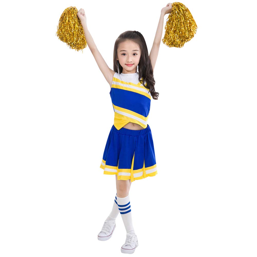 Kids Girls Cheerleading Costume Set - 2 Piece High School Cheerleader Uniform Dress with Stockings & Pom Poms for Dance Team Performance, Cheer Competition, Halloween Costume and Sports Events