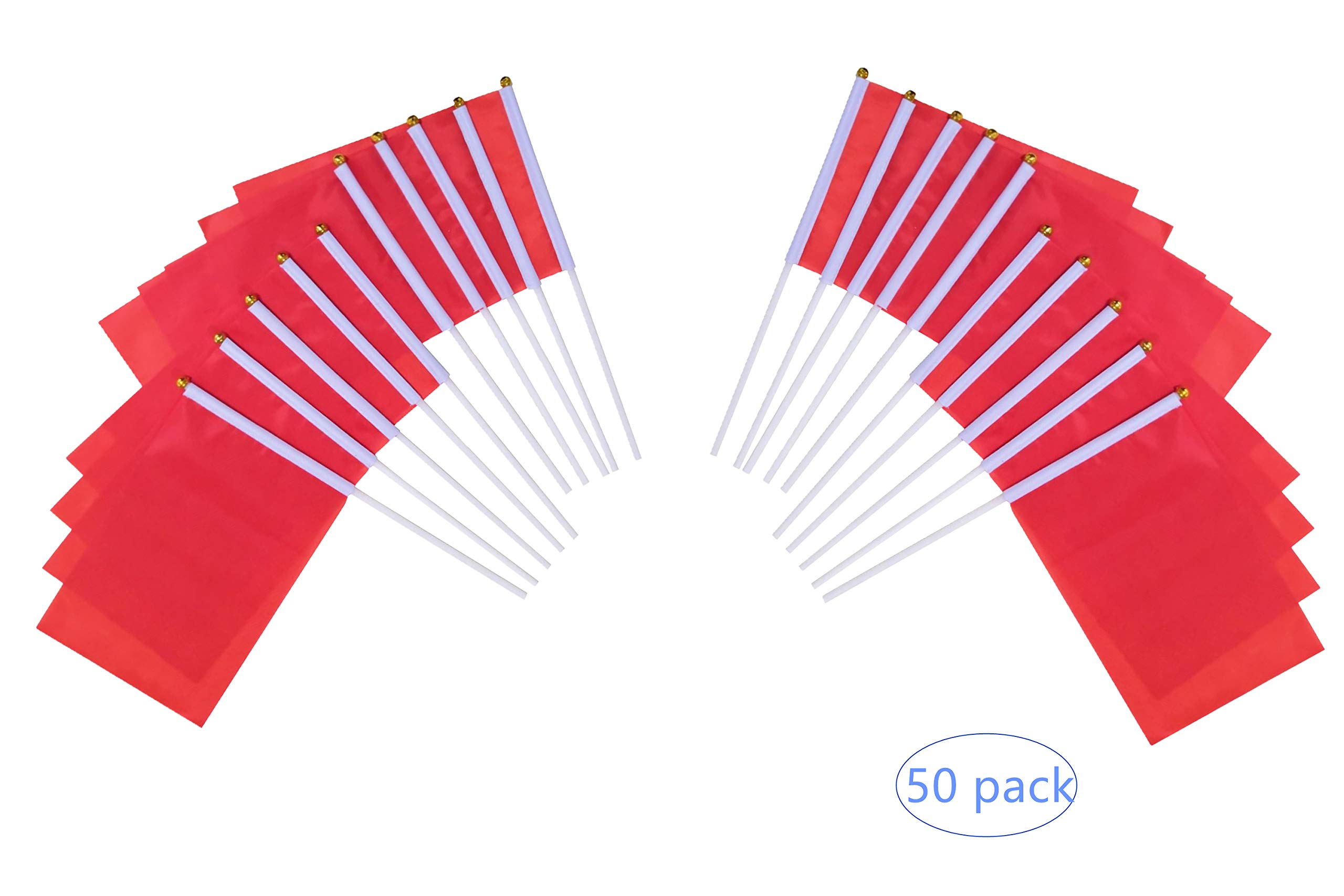 50 Pack Small Red Stick Flags - Hand Held Mini Flags for Themed Parties, Sports Clubs, Festivals & Events - Perfect for Decorations, Parades, Rallies and Outdoor Celebrations