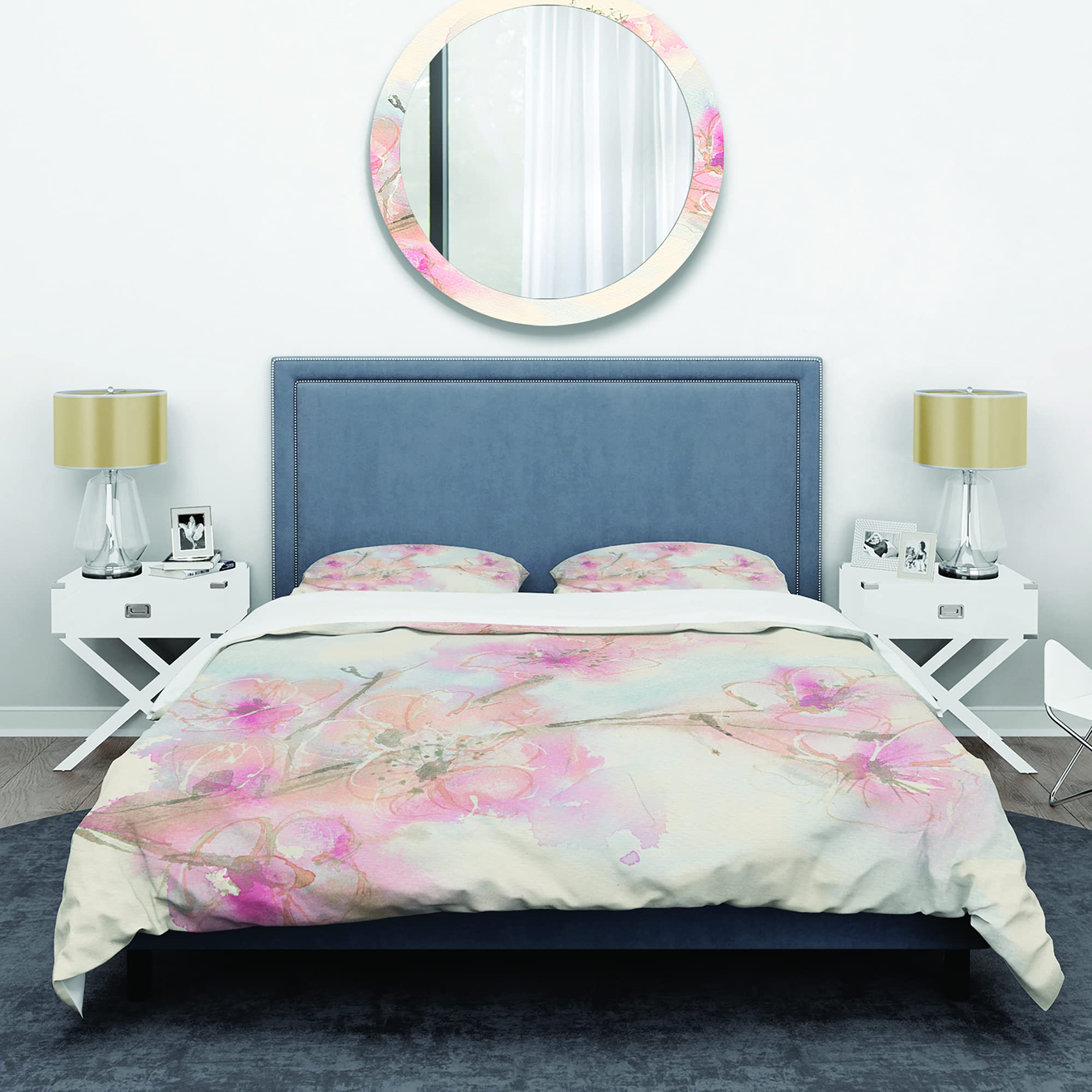 DesignQ Pink Blossoms Branch Shabby Chic Duvet Cover Set - Queen Size Floral Bedding 3-Piece Set for All Seasons | Perfect for Boho Bedroom Decor, Guest Room Makeover & Cozy Farmhouse Style
