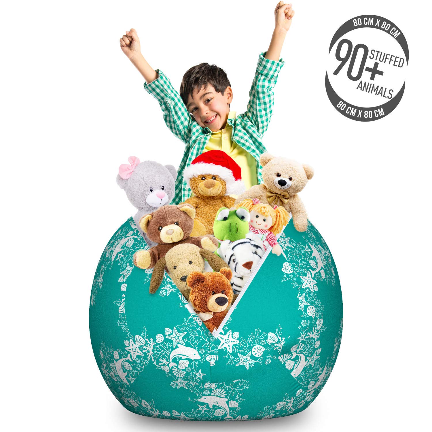 Ambesonne Large Washable Toy Storage Bag Chair - Dolphin, Starfish & Seashell Floral Pattern Organizer for Stuffed Animals, Turquoise & White | Perfect for Kids' Room, Playroom & Nursery Organization