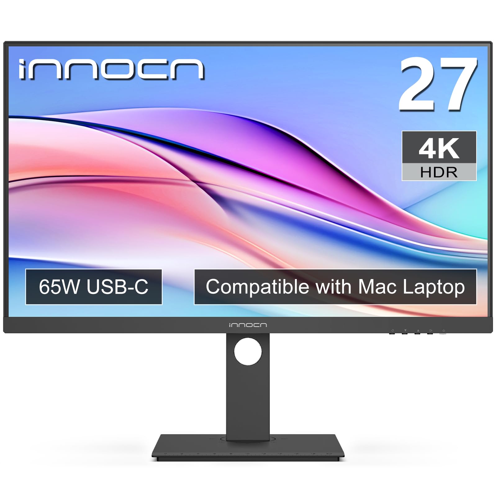 INNOCN 27 Inch 4K UHD Computer Monitor - 3840x2160 IPS LCD Display, HDR400, 65W USB-C, HDMI, DP, 1.07B Colors, Built-in Speakers - Adjustable Stand (Pivot/Height) for Mac & PC - Perfect for Gaming, Graphic Design & Office Work