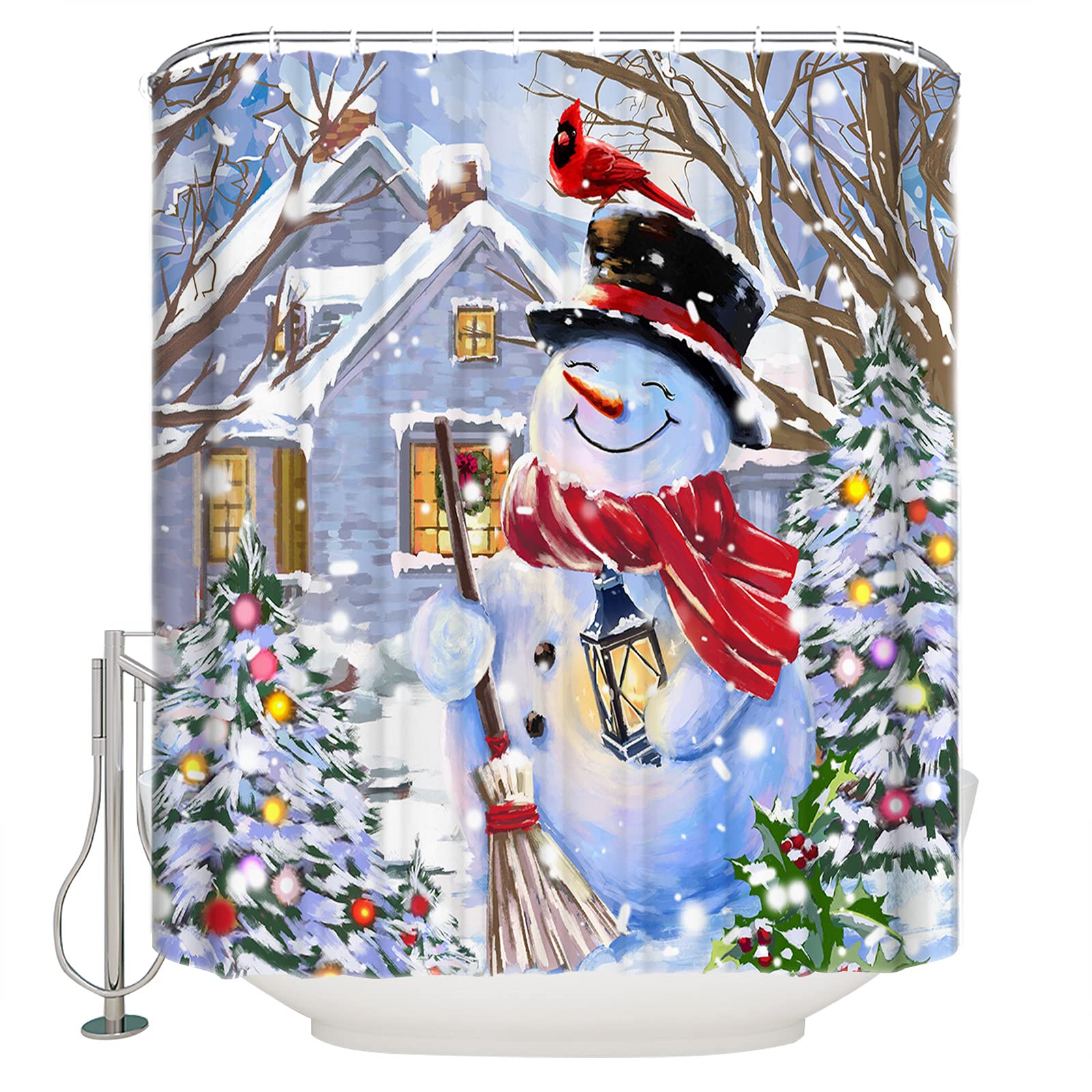 Waterproof Christmas Tree Snowman Shower Curtain 36x72 Inch - Holiday Bathroom Decor with 12 Hooks, Washable & Durable Lightweight Fabric - Perfect for Christmas Bathroom, Guest Bath, and Festive Home Decor