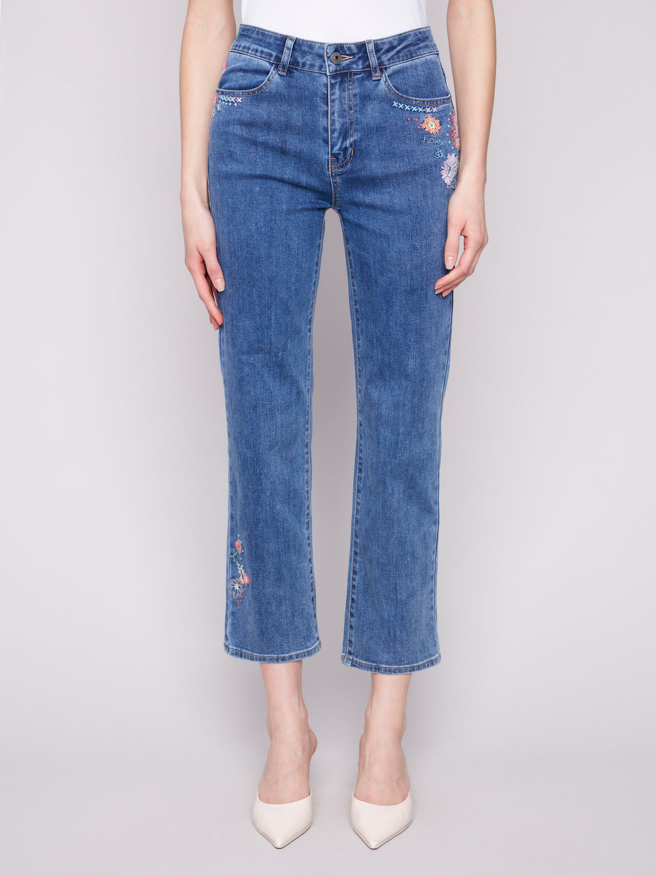 Straight Leg Embroidered Jeans for Women - Medium Blue Denim Pants - Perfect for Casual Wear, Office Outfits & Date Nights