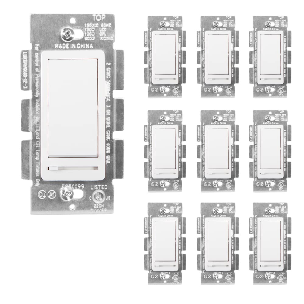 Maxxima 10 Pack LED Slide Dimmer Rocker Switch & Screwless Wall Plate Combo Kit - Dimmable Light Control for Home, RV, Marine, and DIY Electrical Projects