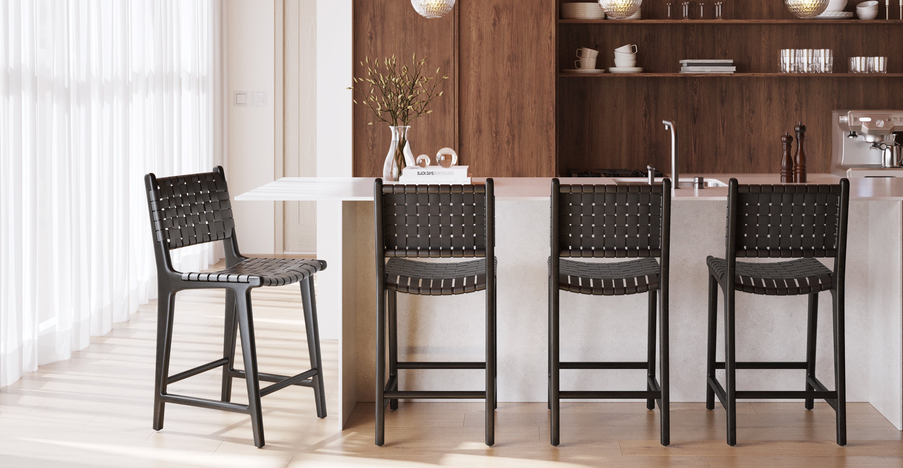 Premium Teak & Leather Counter Height Bar Stool - Modern Kitchen Island & Breakfast Nook Seating - Durable & Stylish for Home, Cafe, and Restaurant Use