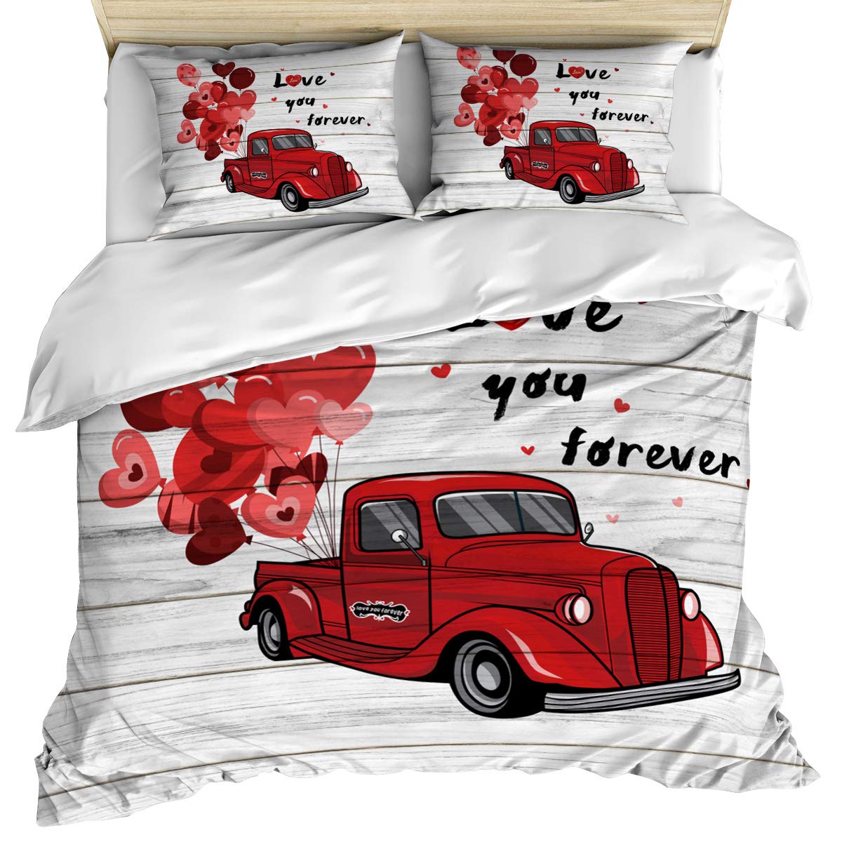 Luxury Full Size Duvet Cover Set - Valentine's Day Rustic Truck Design with Heart Quotes, 3-Piece Bedding Set (Duvet Cover + Pillow Shams), 100% Cotton Soft & Cozy, Machine Washable - Perfect for Romantic Bedroom Decor & Couples Gift