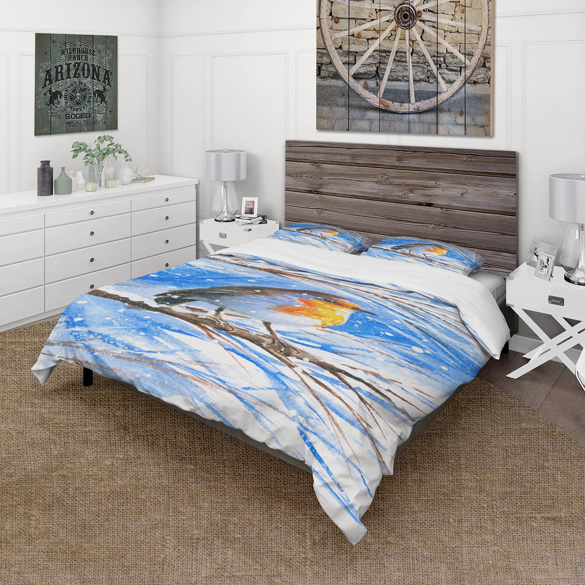 DesignQ Robin in Winter Traditional Blue Duvet Cover Set Twin Size - 3 Piece Animal Print Bedding Set for All Seasons | Cozy Winter Bedroom Decor for Kids & Adults