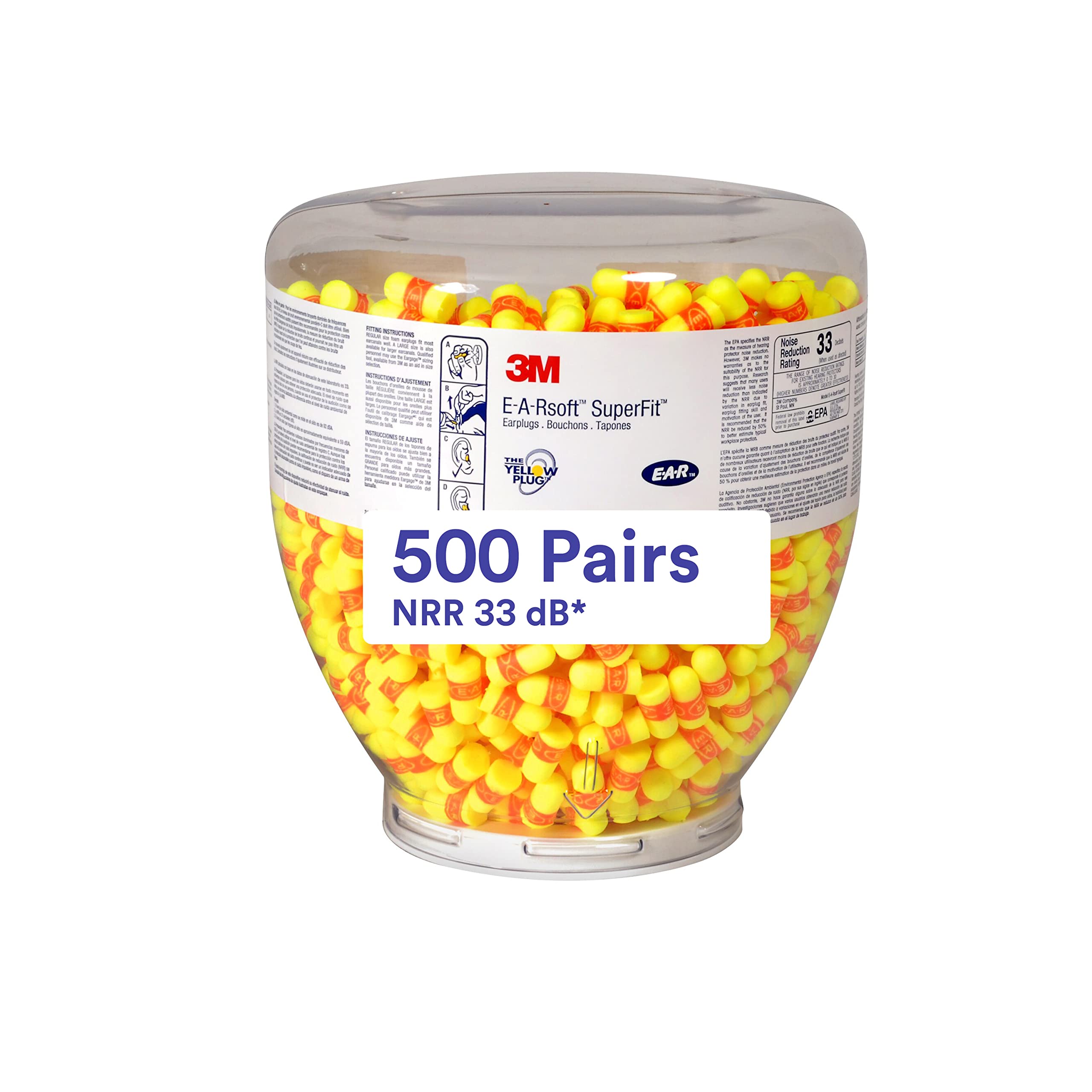 3M E-A-Rsoft SuperFit 391-1254 Uncorded Disposable Foam Ear Plugs - 500 Pair Refill Bottle for One Touch Dispenser, NRR 33 Hearing Protection for Drilling, Grinding, Machining, Sawing, Sanding & Welding - Perfect for Construction Sites, Factories & DIY Workshops