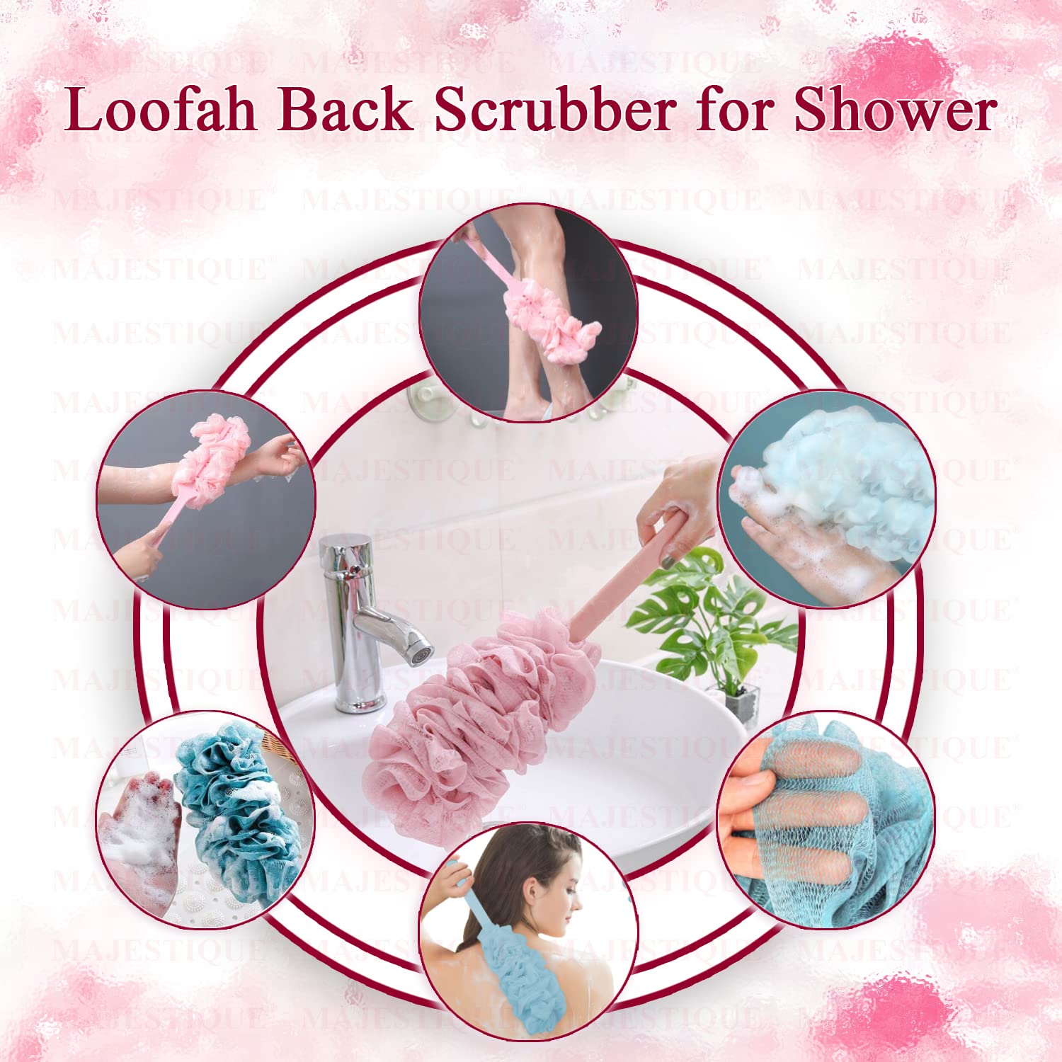 Majestique Long Handle Back Scrubber with Soft Nylon Mesh - Exfoliating Loofah Body Brush for Shower & Bath | Men & Women Skin Care | Perfect for Hard-to-Reach Areas & Deep Cleansing (Blue)