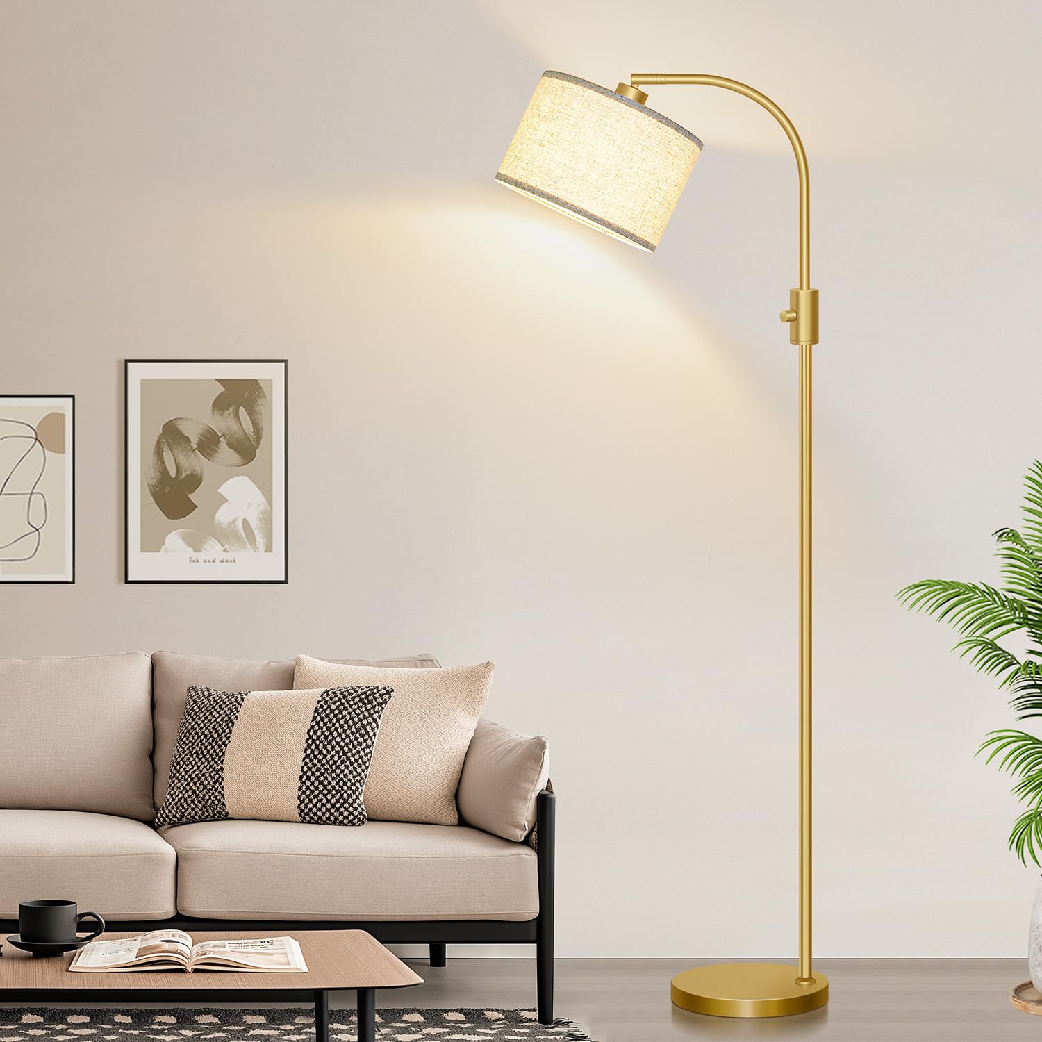 Upgraded Dimmable Gold Floor Lamp with 1200 Lumens LED Bulb - Modern Arc Standing Lamp with Linen Shade for Living Room, Bedroom, Office, Nursery - Perfect for Reading, Relaxing & Home Decor