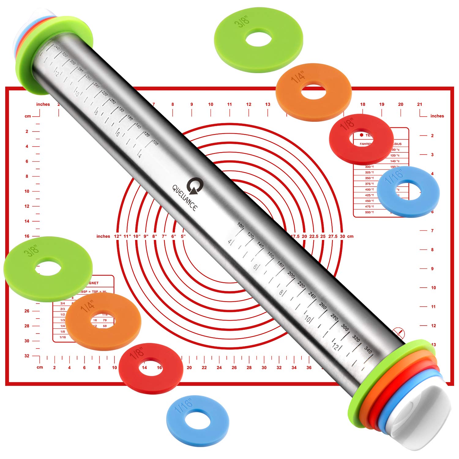 Premium Rolling Pin & Pastry Baking Mat Set - Adjustable Thickness Rings, Stainless Steel Dough Roller for Fondant, Pizza, Pie, Pasta, Cookies - Ideal for Home Bakers & Professional Kitchens (Red Non-Slip Mat)