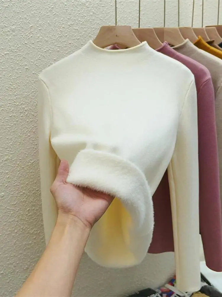 Women's Solid Half High Neck Velvet Sweater - Korean Fashion Warm Knitwear Long Sleeve Pullover Top for Autumn Winter | Cozy Casual Wear, Office Outfits & Holiday Layering