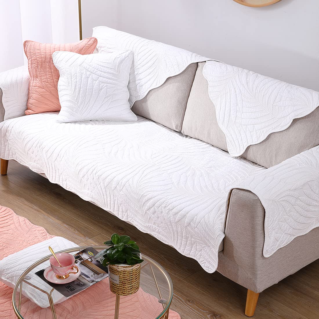 VCTOPS Leaf Embroidery Cotton Sofa Cover - Non-Slip Sectional Couch Slipcover for Pets (Dogs & Cats) - Fits Love Seat, Recliner & L-Shaped Leather Sofas - Armrest & Backrest Protection - White 36x82 Inches - Perfect for Pet Owners & Home Decor