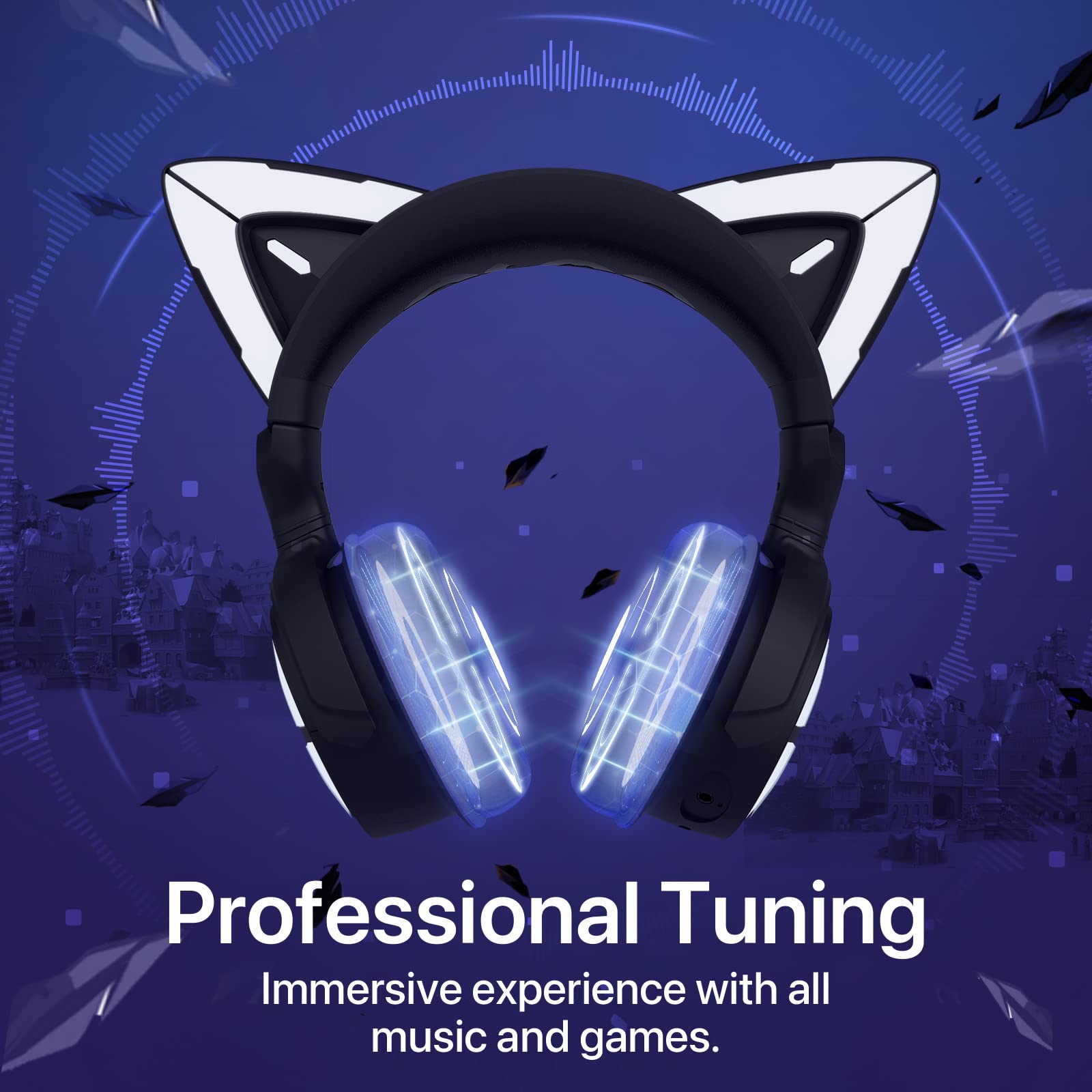 YOWU Cat Ear Headphones RGB Wireless & Wired Gaming Headset with Microphone for PC, PS4, PS5, XBOX, Switch - Noise Cancelling, APP Customizable LED Lights (Black) - Perfect for Gaming, Streaming, and Cosplay