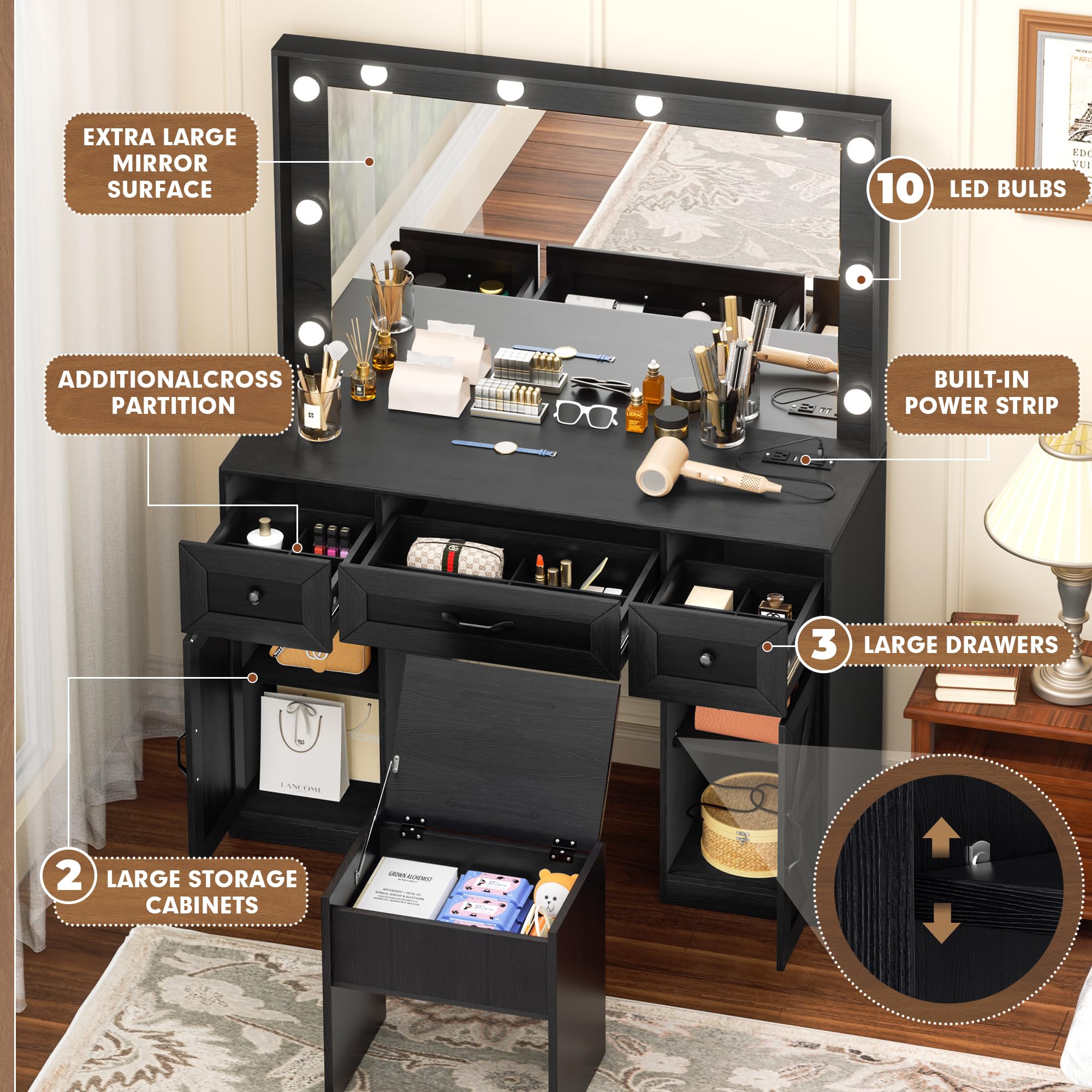 Greenvelly Makeup Vanity Table with LED Lighted Mirror - Black Vanity Desk with 3 Lighting Modes, Stool & Storage Drawers - Dressing Table for Women & Girls | Perfect for Bedroom, Bathroom & Beauty Salon Makeup Station