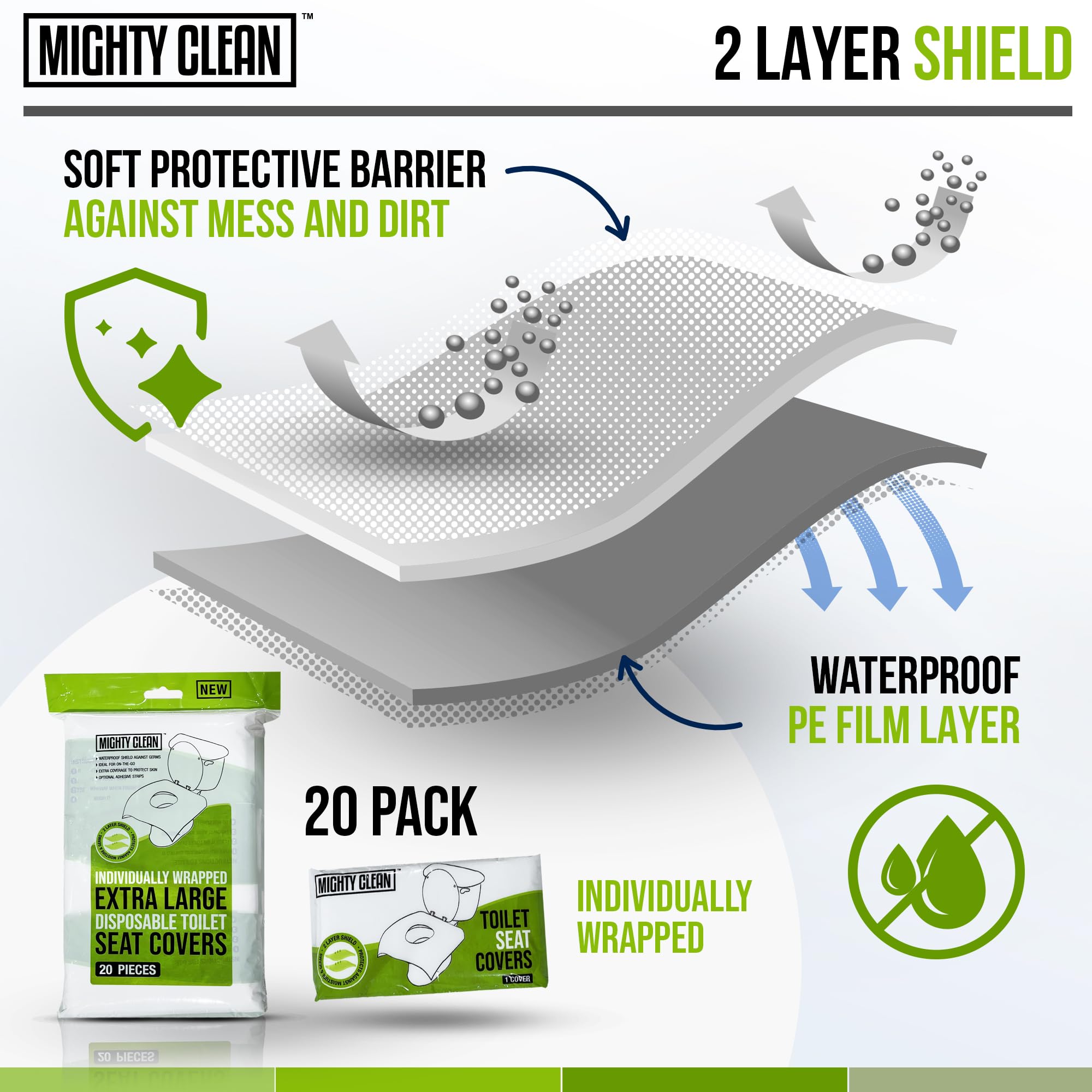 **Mighty Clean XL Disposable Toilet Seat Covers - 100% Waterproof, Individually Wrapped, Extra Wide for Adults & Kids (20 Count) - Perfect for Travel, Public Restrooms & Hygiene Protection**