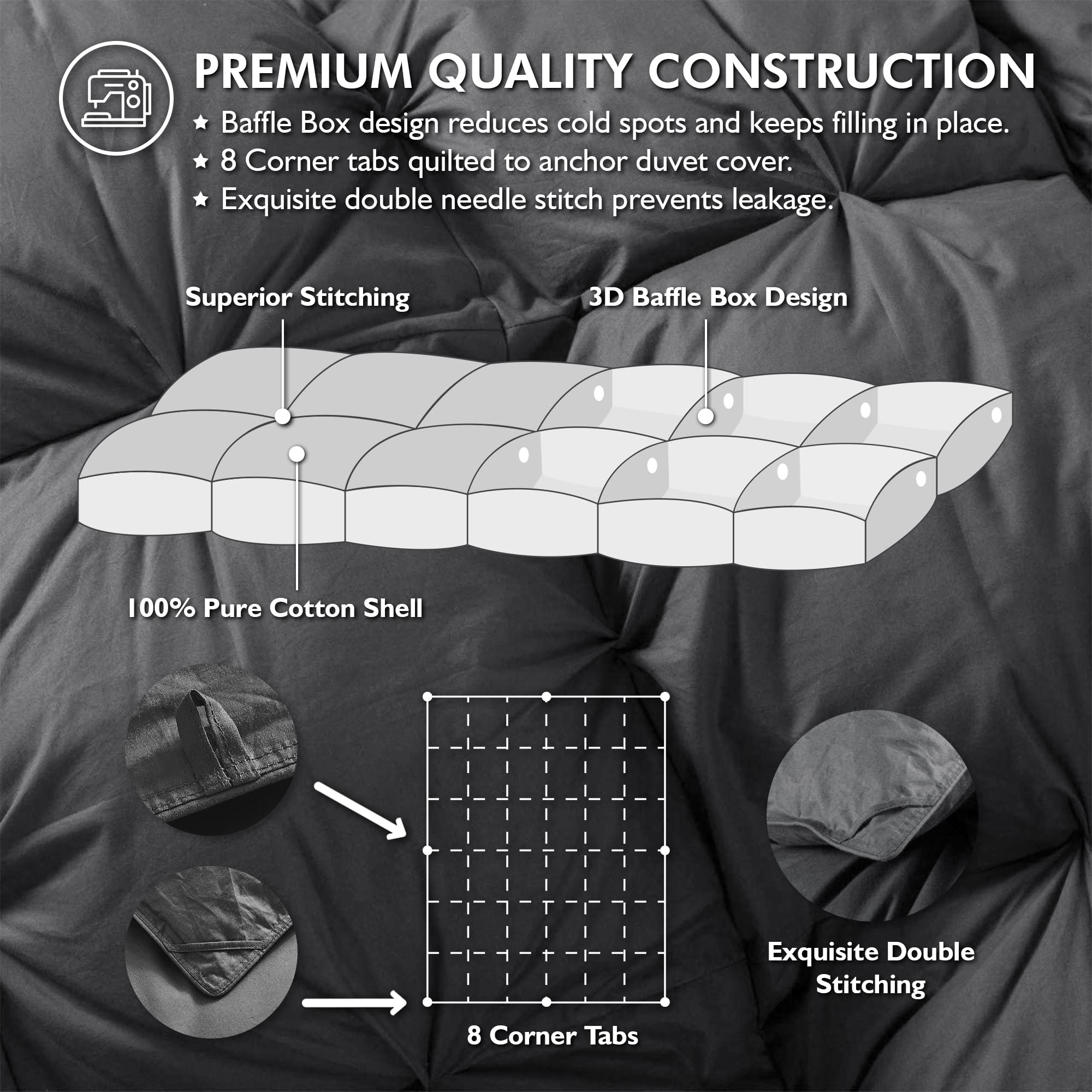 Luxurious King Size Goose Down Feather Comforter Duvet Insert - 100% Egyptian Cotton Cover, 90 oz Fill Weight - Gray Pinch Pleat Design - Perfect for Master Bedrooms & Luxury Hotels
