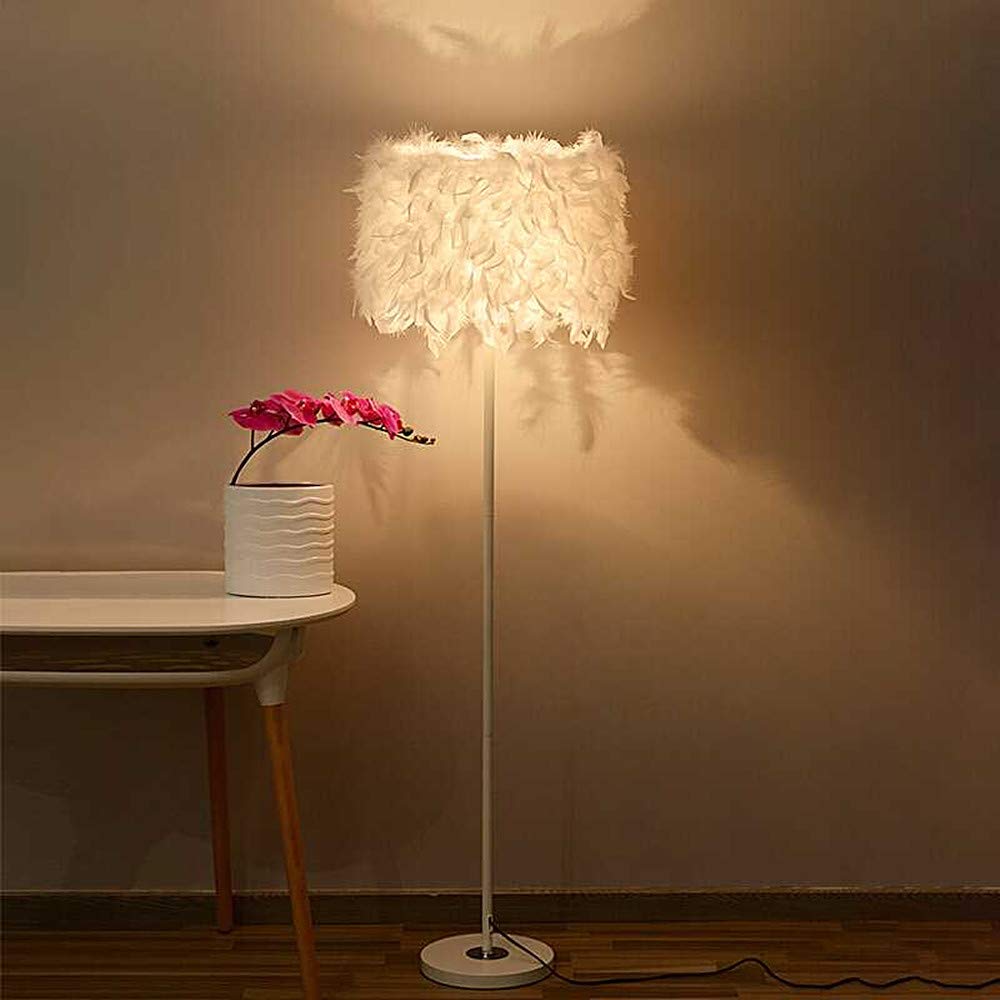 LAKIQ Modern Standing Floor Lamp with Feather Drum Shade - Plug-in Adjustable Floor Lighting for Living Room, Bedroom & Reading - Elegant White Home Decor (Perfect for Cozy Nights, Study Sessions & Interior Design)