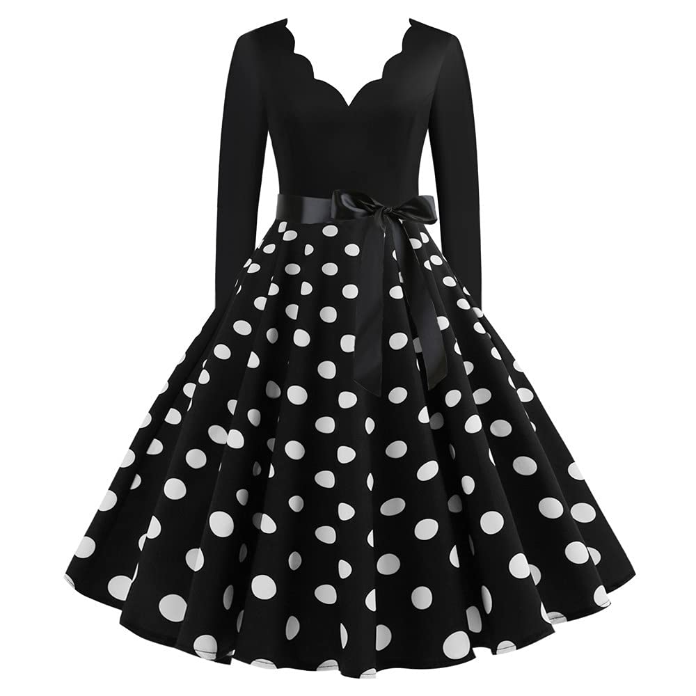 2022 Vintage V-Neck Long Sleeve Swiss Dot Swing Dress for Women - Cute Tie Waist Halloween Party Dress | Perfect for Costume Parties, Date Nights & Fall Fashion