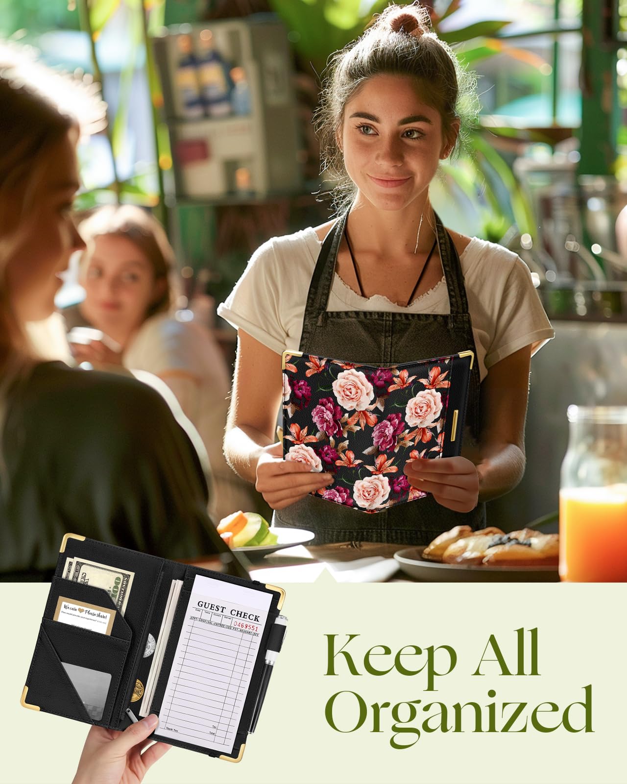 Slohif Leather Server Book for Waitress - Cute Zippered Serving Book with Pocket, Restaurant Waiter Check Organizer & Ticket Holder (Floral Rose Design) - Perfect for Hostess, Food Service, and Hospitality Industry