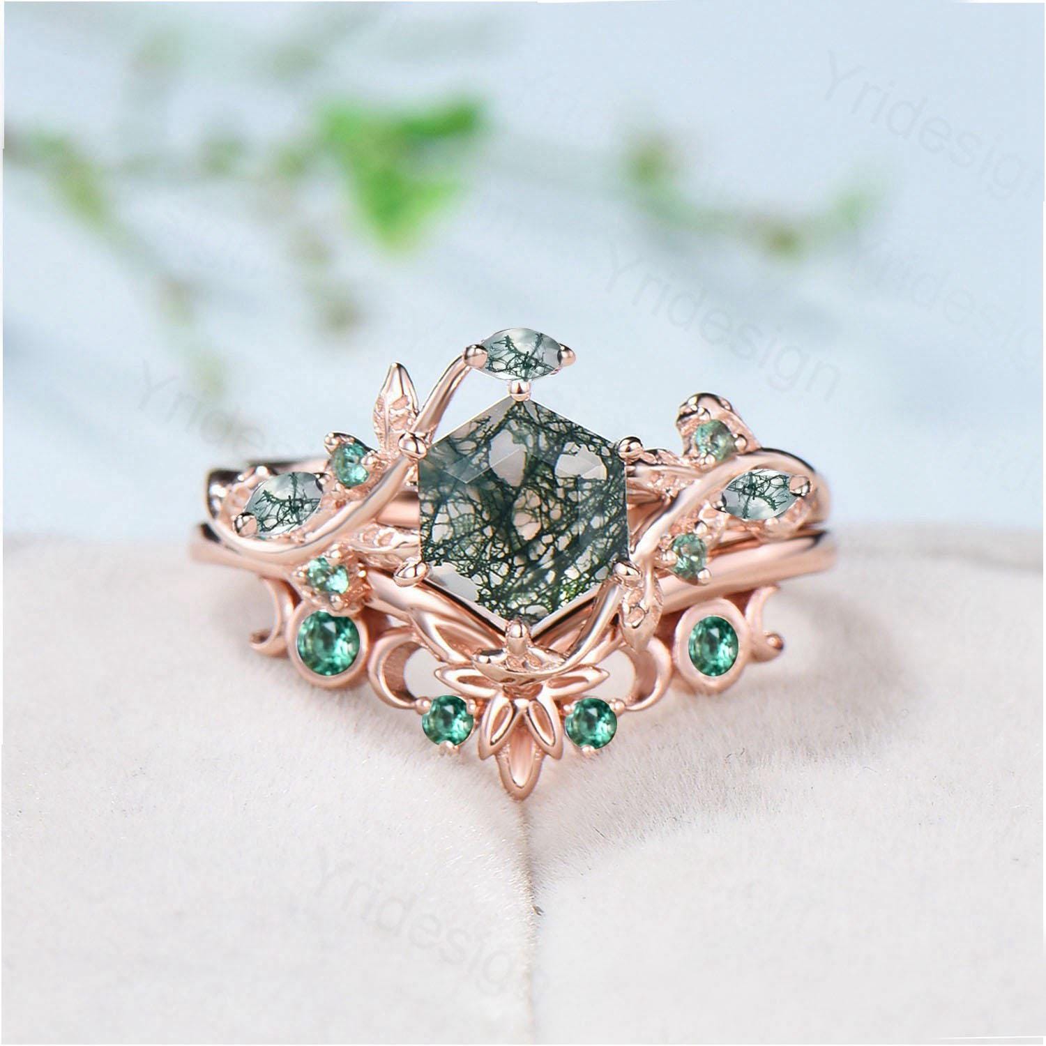 2pcs Hexagon Cut Moss Agate Ring Set - Elegant Green Agate Nature Inspired Engagement Ring, Emerald Stacking Band Bridal Set, Anniversary Gift for Women - Perfect for Weddings, Proposals, Valentine's Day & Everyday Boho Jewelry