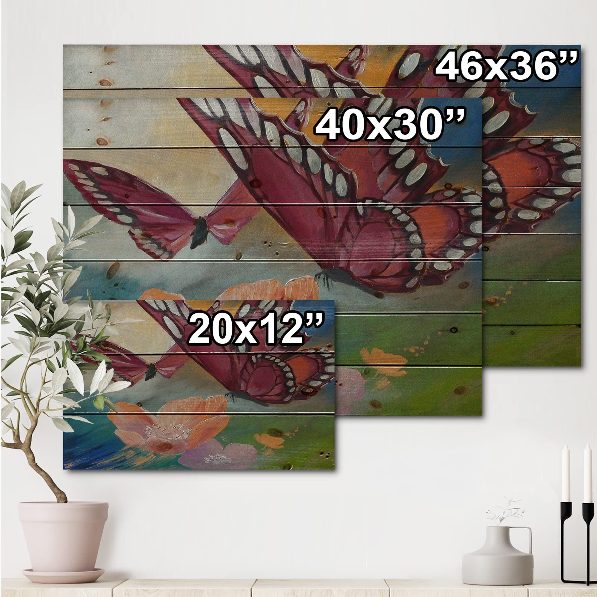 Butterfly on Pink Flowers Traditional Wood Wall Decor - Pink Wood Wall Art for Living Room, Bedroom - Large Animal Wood Panels Printed on Natural Pine - Home & Office Decoration