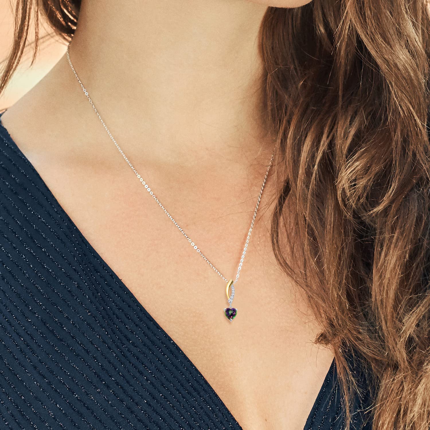6MM Heart Shaped Gemstone & Lab Grown Diamond Pendant Necklace for Women - 925 Sterling Silver & 10K Yellow Gold - 18