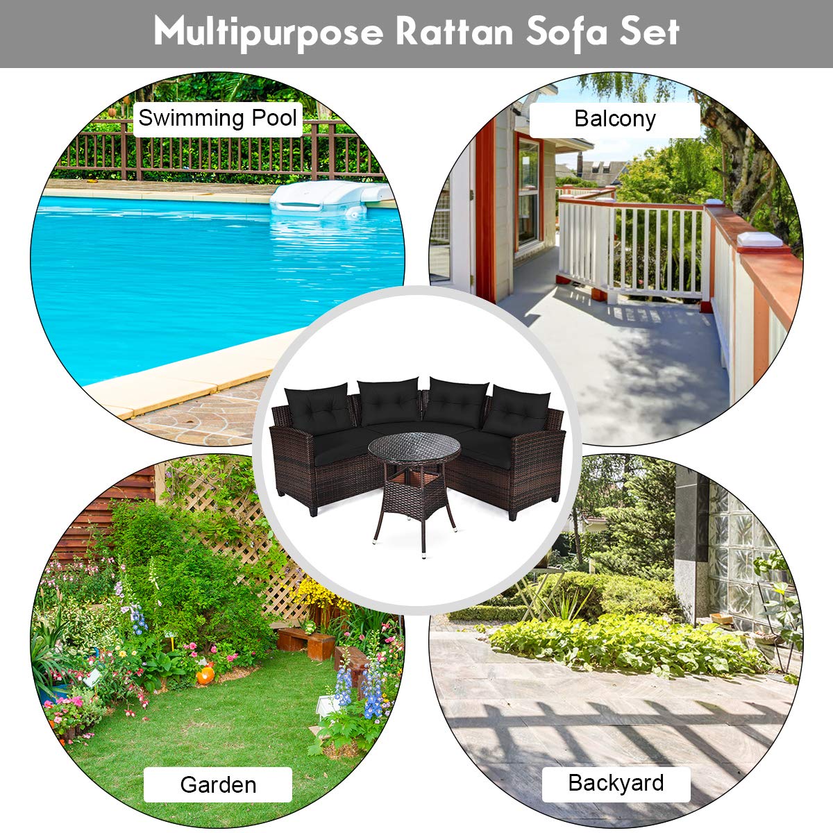 Tangkula 4-Piece Outdoor Patio Furniture Set - Modern C-Shape Wicker Sectional Sofa with Cushions & Glass Coffee Table, Rattan Conversation Set for Garden, Poolside, Balcony, Deck (Black) - Perfect for Relaxing, Entertaining & Outdoor Lounging