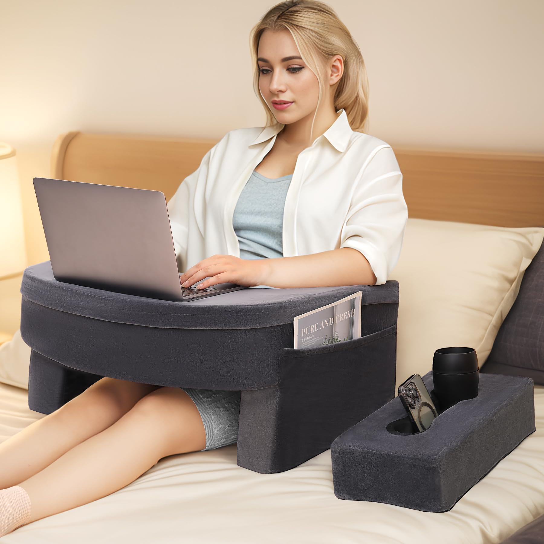 **Memory Foam Reading & Gaming Pillow for Adults - Lap Desk Pillow with Coaster, Soft Arm Rest Support for Bed, Floor, Sofa - Perfect for Reading, Working, Gaming & Relaxing (Grey)**
