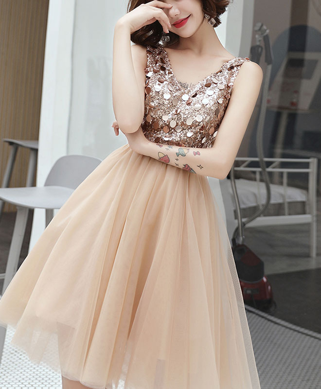 Champagne V-Neck Tulle Sequin Short Prom Dress for Women - Sparkly Homecoming Party Dress for Teen Girls - Perfect for Prom Night, Homecoming Dance & Special Occasions