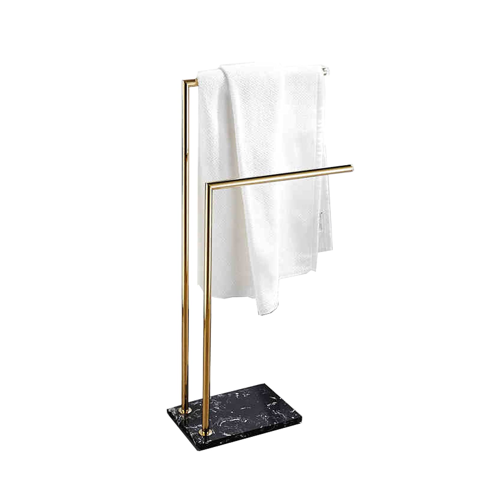 Freestanding Double Towel Rack - 2 Tier Bathroom Towel Holder with Brass Bar & Marble Base | Rustproof Gold Towel Stand for Bathroom, Spa & Guest Room | Easy Assembly Drying Rack for Hand & Face Towels