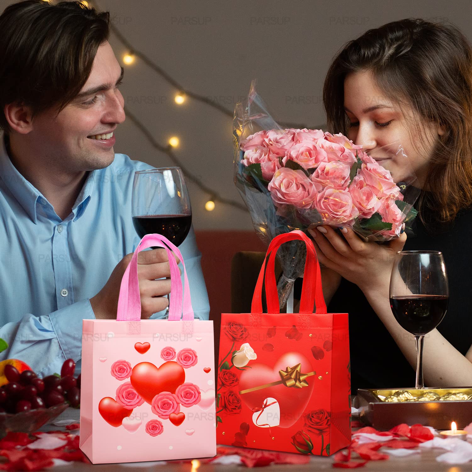 8PCS Valentine's Day Reusable Gift Bags with Handles - Non-Woven Party Favor Bags for Candy, Treats & Gifts (8.7×9.2×4.3inch) - Perfect for Valentine's Parties, Classroom Exchanges & Wedding Favors