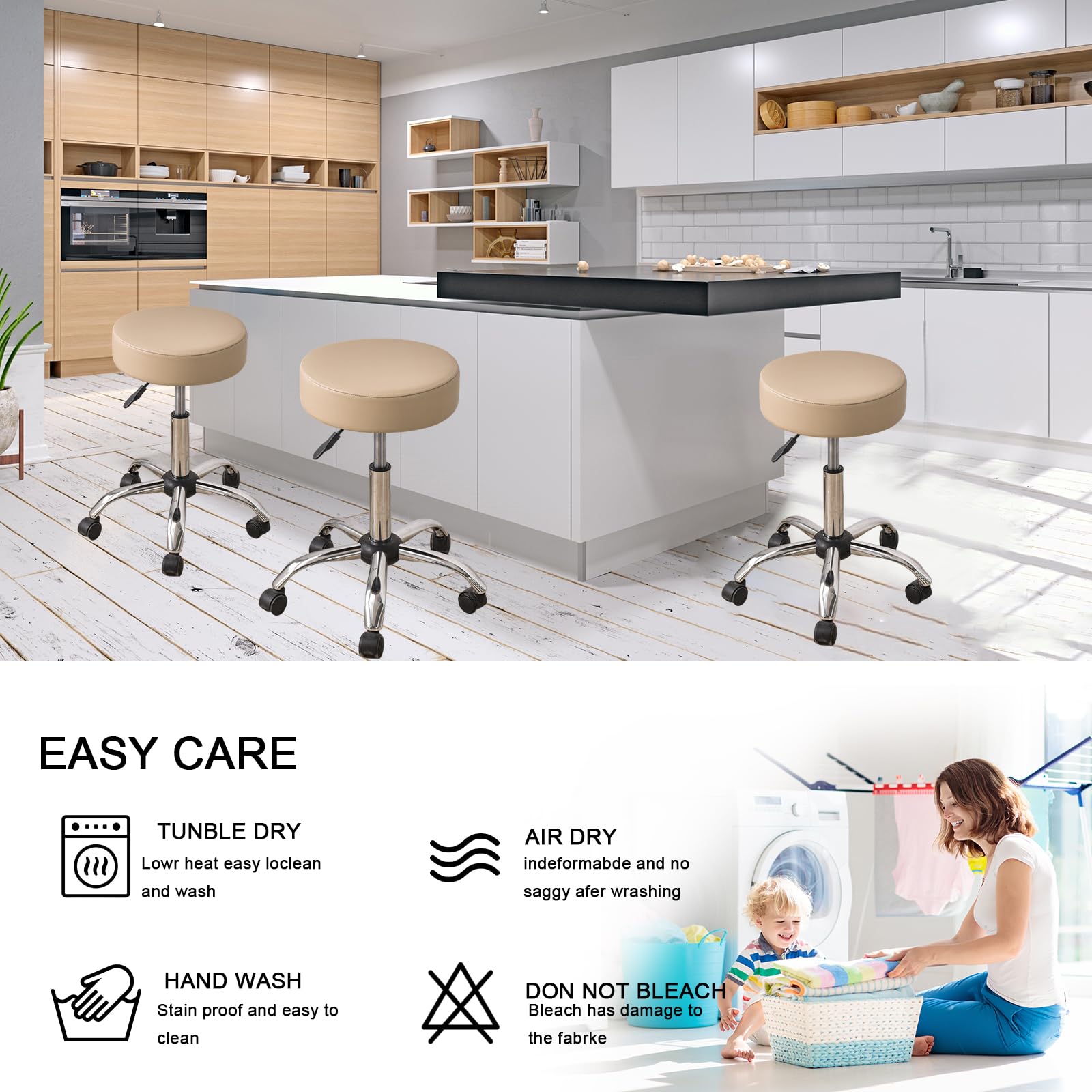 Waterproof PU Bar Stool Covers Set of 2 - Elastic Slipcovers for 12-15 Inch Stools, Washable Khaki-Nude Seat Cushions | Perfect for Kitchen Counter, Breakfast Nook & Home Bar Decor