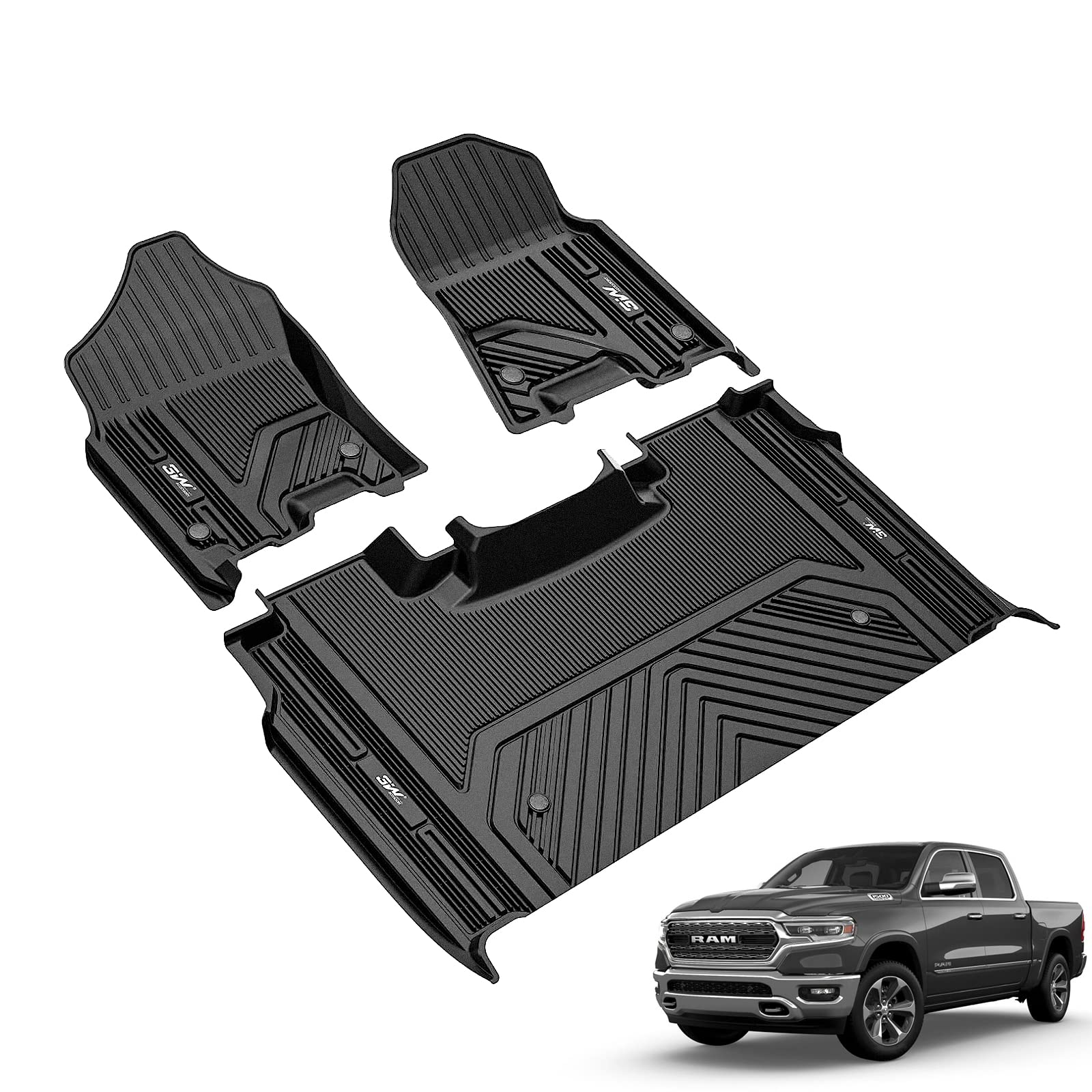 3W All-Weather TPE Floor Mats for 2019-2024 Dodge Ram 1500 Crew Cab (Excludes Classic Models) | Custom Fit Car Floor Liners with Original Storage Design | Perfect for Off-Roading, Winter Protection & Daily Commutes