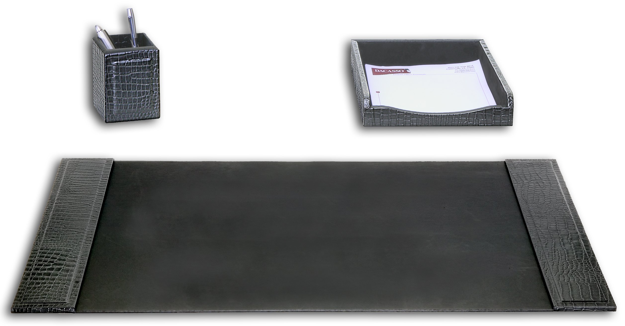 Premium 3-Piece Crocodile Embossed Leather Desk Set - Black | Executive Office Organizer for Pens, Business Cards & Stationery | Perfect for Home Office, Corporate Gifts & Luxury Workspace Decor