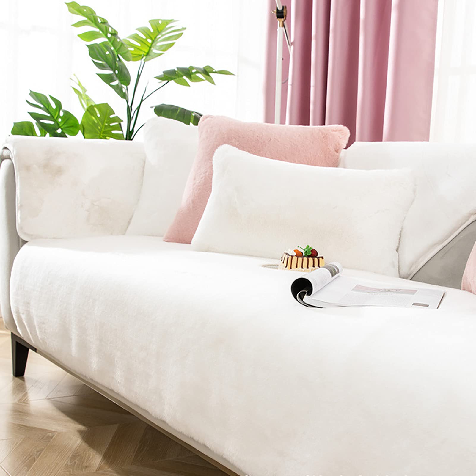 Soft Faux Fur Plush Sofa Cover for 3-Cushion Sectional Couch, Thick Pet-Friendly Slipcover Protector (90x210cm, White) - Perfect for Living Room, Family Room & Pet Furniture Protection