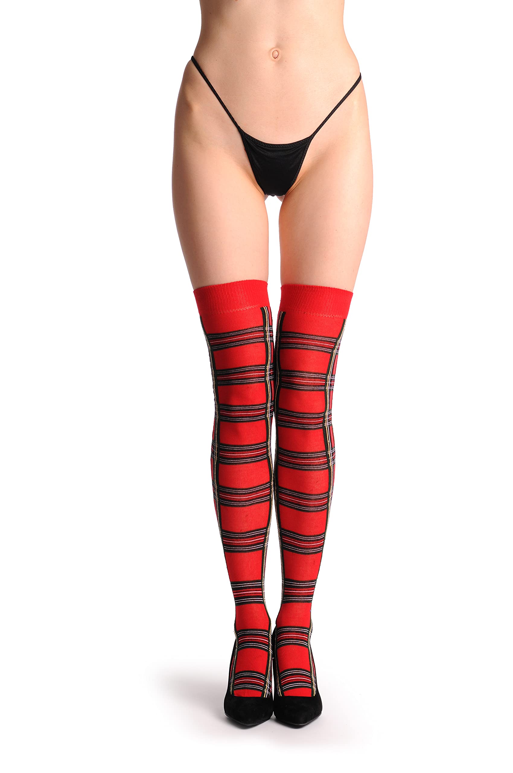 LissKiss Over The Knee Opaque Red Checkered Warm Socks for Women - Winter Fashion Thigh High Knit Stockings - Perfect for Christmas, Cosplay and Cold Weather Outfits