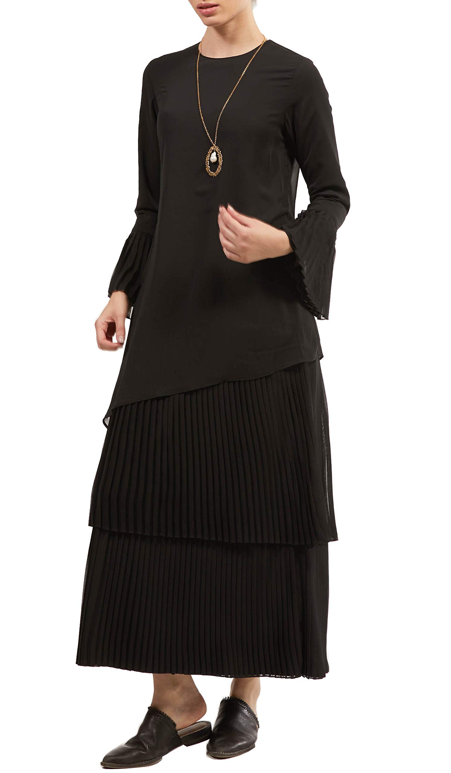 Artizara Wafa Pleated Chiffon Modest Long Sleeve Maxi Abaya Dress for Women - Black | Elegant Islamic Prayer Dress for Mosque & Special Occasions